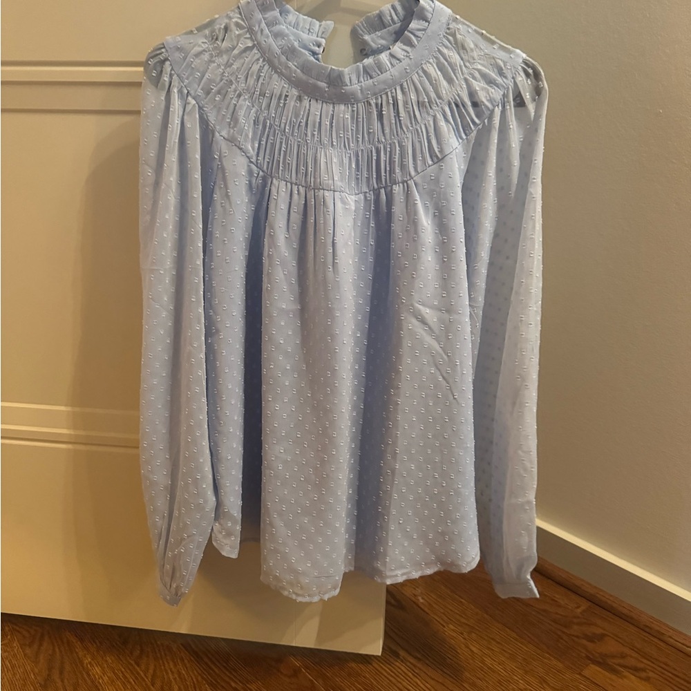 LOFT Blue Smocked Bib Collar Blouse